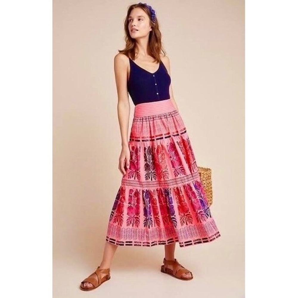 Anthropologie BLOOMINGPRINT Auberte Tiered Midi Skirt Floral Blockprint 00P